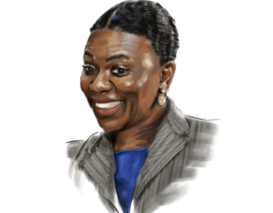 Headshot illustration of person in a grey blazer and blue shirt