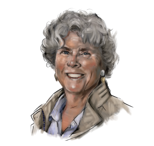 Illustration of a woman with tan jacket and popped collar and short grey hair